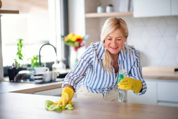 Portrait of senior woman cleaning kitchen counter indoors at home. — Stock Photo, Image