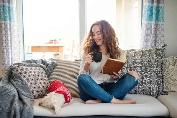 Ung kvinna med hund och boka avkoppling inomhus hemma, läsa. — Stockfoto