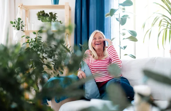 Aantrekkelijke senior vrouw met smartphone zittend binnen op de bank, het maken van een telefoontje. — Stockfoto