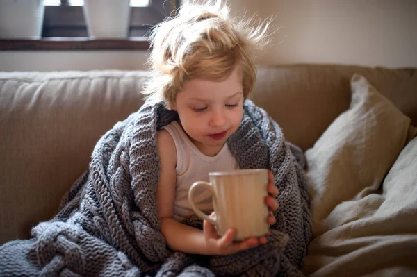 Vue de face du petit garçon malade avec couverture sur le canapé à l'intérieur à la maison, tenant le thé . — Photo