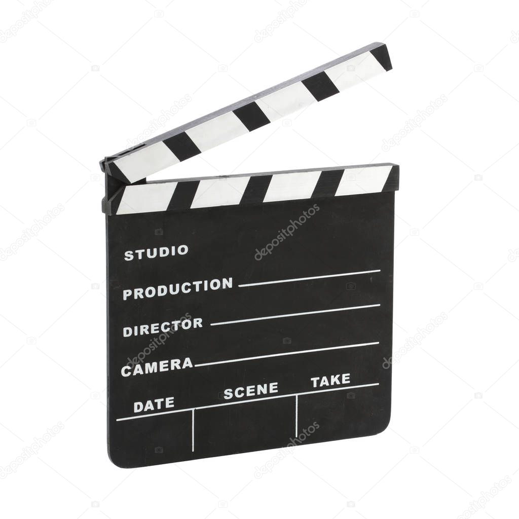 Classic hollywood chalk clapperboard angled isolated on a white 