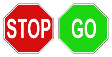 Yeşil Go ve Kırmızı Dur işareti kırpma yolu olan beyaz üzerine izole edilmiş