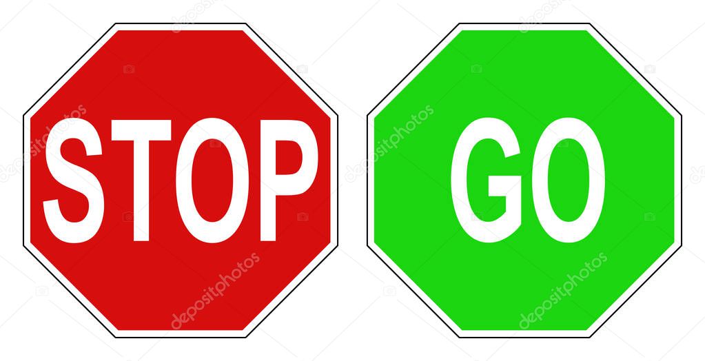 Green Go and Red Stop sign isolated on white with clipping path