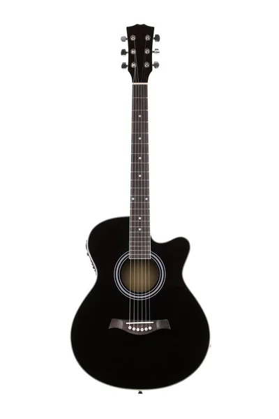 Vista frontal de una guitarra acústica negra aislada en blanco — Foto de Stock
