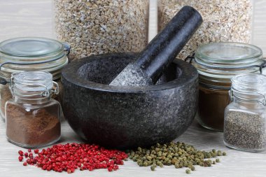 Baharat kavanozları ve biber mısırlarını öğütülmeye hazır hale getirin.