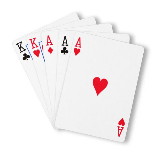 Full house aces over kings on white with clipping path to remove shadow — Stock Photo, Image