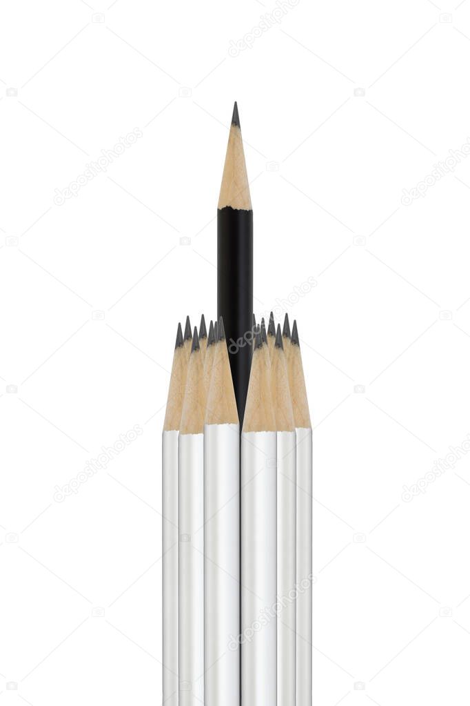 Black pencil grouped within white pencils signifying difference beating the odds success rising above