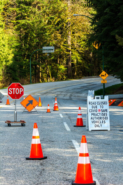 North Vancouver, Canada - April 7, 2020: Barricades control access to Mt. Seymour Provincial Park and ski area during Covid-19 pandemic