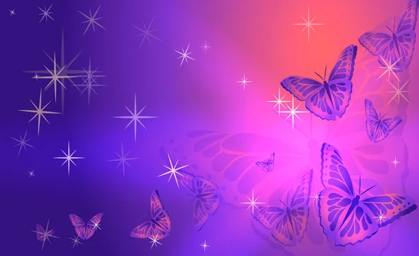 Abstrakcyjne Tło Otwarte Motyle Gwiazdy Niebiesko Różowym Tle Ilustracja Wektora — Wektor stockowy