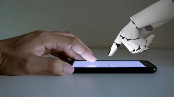 Künstliche Intelligenz Technologie Touchscreen Smartphone Mit Menschlicher Hand Und Roboterhand — Stockfoto