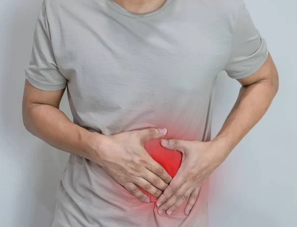 Man Suffering Stomach Ache Both Palm Waistline Show Pain Injury — Stock Photo, Image