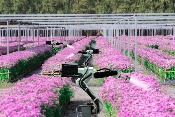Automatic agricultural technology robot arm watering plants flower garde