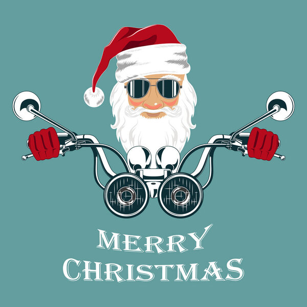 Vector image of santa claus in glasses driving a motorcycle. image on a blue background.
