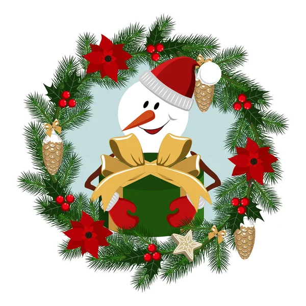Image vectorielle d'un bonhomme de neige avec un cadeau et une couronne de Noël . — Image vectorielle