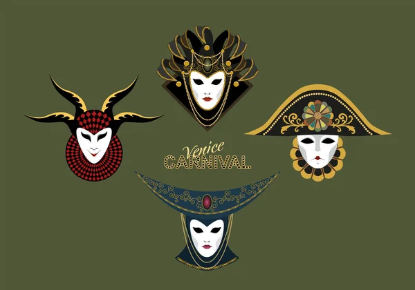 Um conjunto de máscaras tradicionais venezianas decoradas com contas, um padrão de ouro, elementos decorativos, sinos . — Vetor de Stock