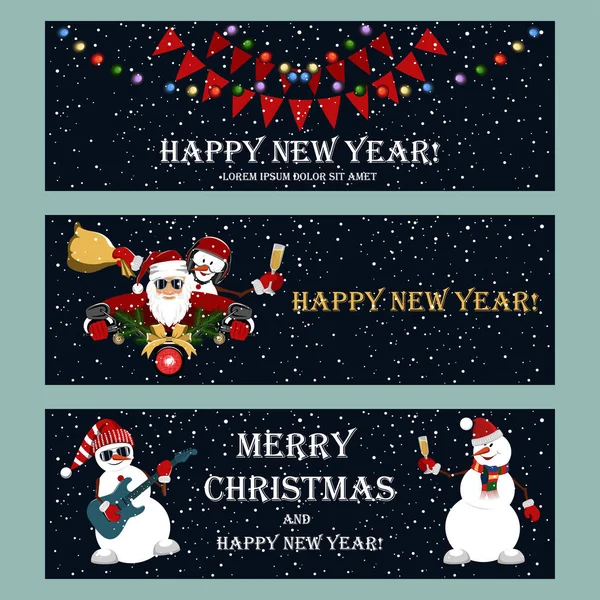 Conjunto de pancartas para el nuevo año con la imagen de guirnaldas, muñeco de nieve, santa claus, volante de la motocicleta . — Vector de stock