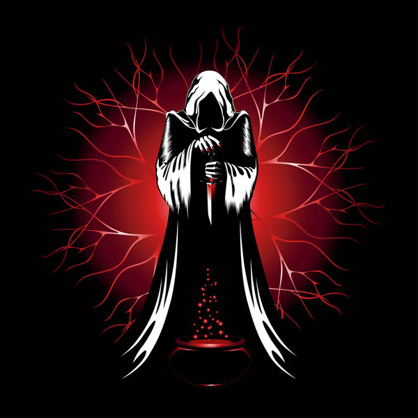 Векторное изображение колдуна с ножом и чашей зелья. Колдун проводит ритуал
.