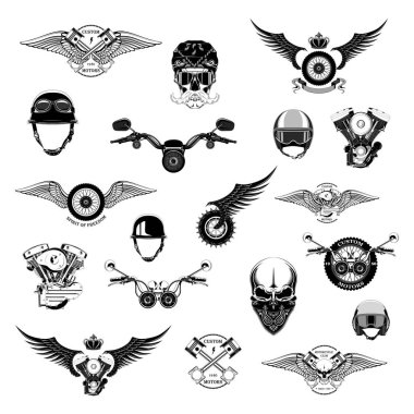 Tek renkli motosiklet amblemleri ve motosiklet unsurları. Motorlar, tekerlek, kanatlar, pistonlar, motosiklet direksiyonu, kafatasları, miğfer.