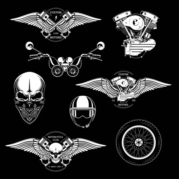 Conjunto Emblemas Motocicleta Monocromática Com Imagem Crânio Asas Motor Pistões — Vetor de Stock