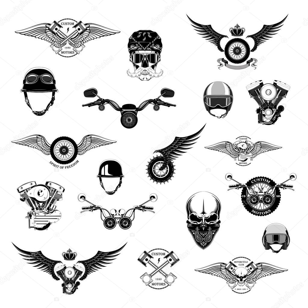 Monochrome set of motorcycle emblems and motorcycle elements. Engines, wheel, wings, pistons, motorcycle steering wheel, skulls, helmet.