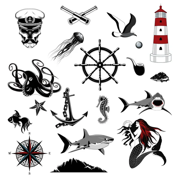 Eine Reihe Von Meeresvektorbildern Kapitänsschädel Kapitänsmütze Meerjungfrau Steuerstand Hai Leuchtturm — Stockvektor