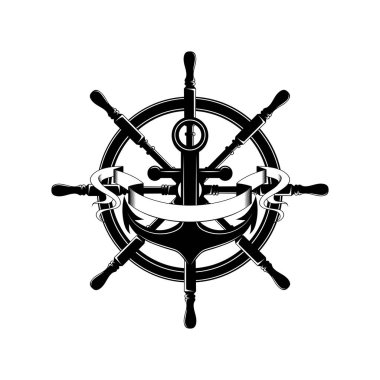 Çapa, dümen ve kurdelenin tek renkli vektör görüntüsü.