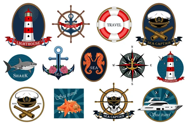 Uppsättning Vektorbilder Marina Emblem Fyrtorn Yachten Rodret Ankaret Skallen Designelement — Stock vektor