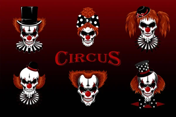 Set Vector Images Evil Skulls Clowns Clowns Hats Jabot — Stock Vector