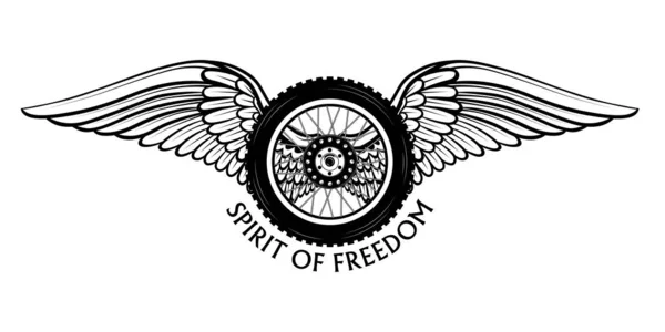 Vector emblem with the image of a motorcycle wheel and whitewings symbolizing freedom. — 스톡 벡터