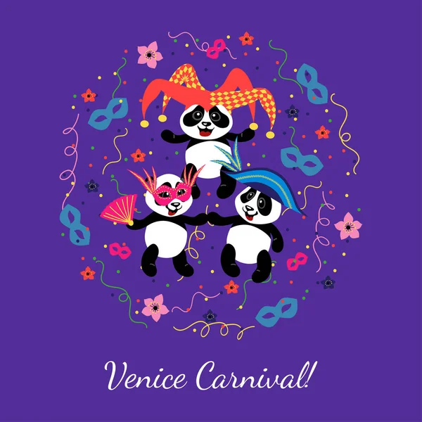 Маленькие Милые Панды Венецианском Фестивале Панды Карнавальных Масках Красочная Иллюстрация — стоковый вектор