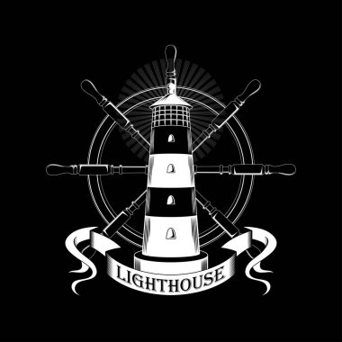 Siyah beyaz bir deniz feneri ve bir geminin dümeni. Yazdırma, çıkartma ve kartlar için tasarım ögeleri.