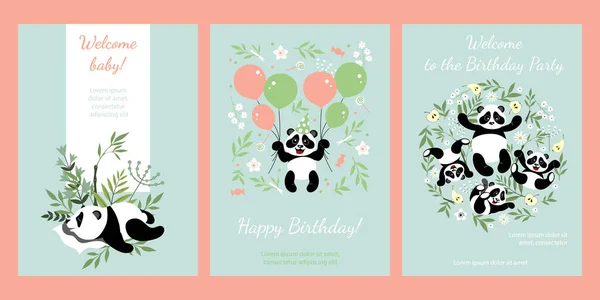 Üdvözlőlapok Kis Pandákkal Születésnap Illusztráció Gyerekeknek Kártyák Szórólapok Bannerek Tervezési — Stock Vector