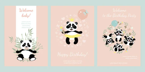 Üdvözlőlapok Kis Aranyos Pandákkal Kártyák Szórólapok Transzparensek Tervezési Elemei — Stock Vector