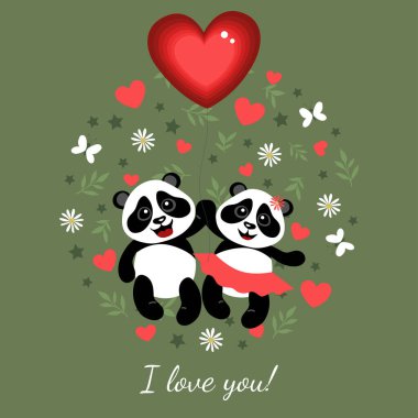 Aşık küçük pandalar kalp şeklinde bir balonla uçarlar. Çocuklar için İllüstrasyon.