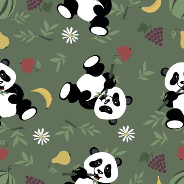 Bambu yiyen küçük bir panda suretinde kusursuz bir doku. Meyveli yeşil arkaplanda vektör resmi.