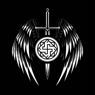 Kanatlı bir kılıcın vektör görüntüsü. Valkyrie sembollü bir görüntü. Siyah arkaplanda siyah beyaz resim.