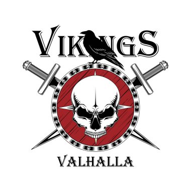 Kafatası ve kılıçlı bir kalkanın vektör görüntüsü. Raven bir kalkanın üzerinde oturuyor. Beyaz arkaplanda logo resmi.