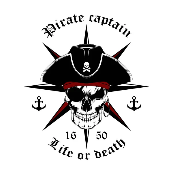 Calavera Imagen Blanco Negro Capitán Pirata Con Una Rosa Vientos — Archivo Imágenes Vectoriales