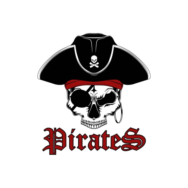 一个头盖骨头戴海盗船长帽子的矢量黑白图像 白色背景上的标志图像 — 图库矢量图片