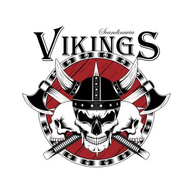 Siyah beyaz Viking kafataslarının kalkan ve baltalarla görüntüsü. Beyaz arkaplanda resim.
