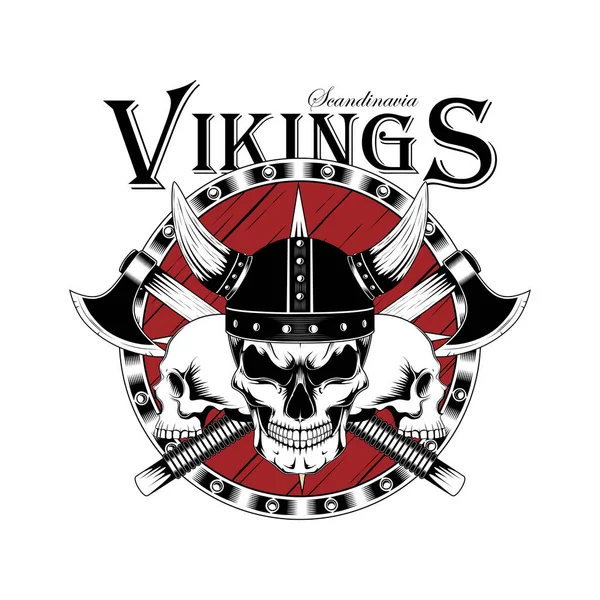 Image Vectorielle Noir Blanc Crânes Vikings Avec Bouclier Des Haches — Image vectorielle