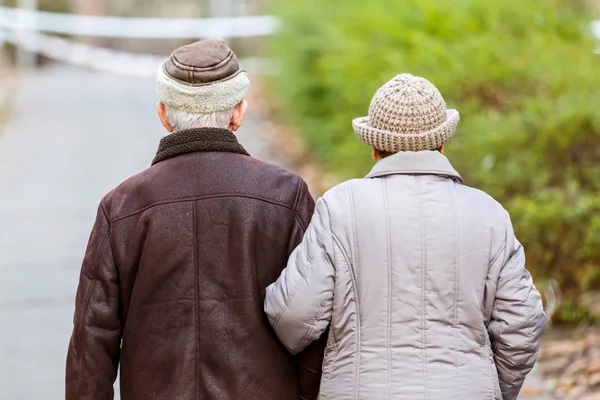 Elderly couple walking in the park — Stock Photo, Image