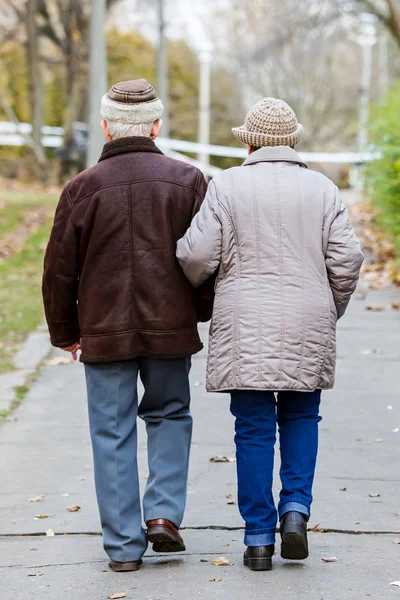 Casal de idosos caminhando no parque — Fotografia de Stock