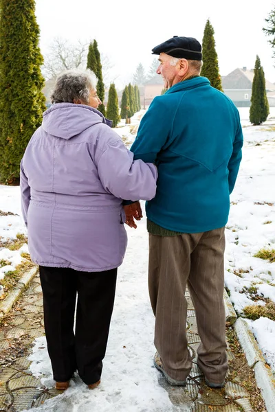 Walking elderly couple