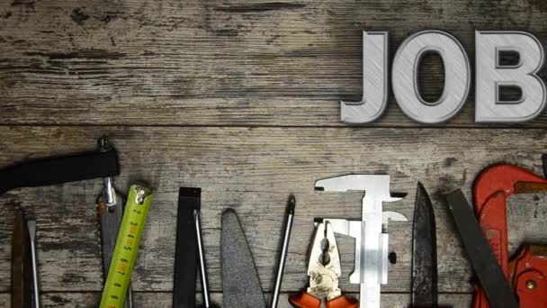 Ordet "Jobb" med massor av verktyg — Stockvideo