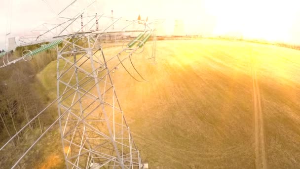 Power lines. Flight over high-voltage supports and wires — Stock Video