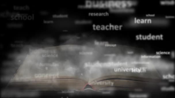 Konsep pelatihan buku. Sebuah buku dengan banyak pengetahuan — Stok Video