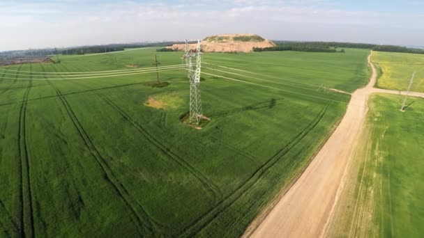 Лінії електропередач та сільськогосподарське поле. Захід сонця — стокове відео