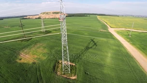 Лінії електропередач та сільськогосподарське поле. Захід сонця — стокове відео