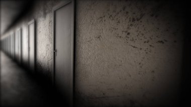 Karanlık koridor kapıları ile. Korkunç koridor